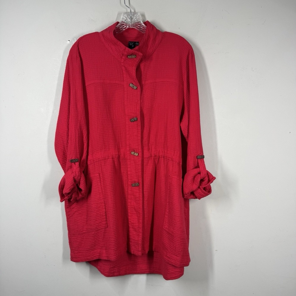 Focus Casual Life Jacket Womens Sz L Red Waffle Knit Pockets Big Button Roll Tab